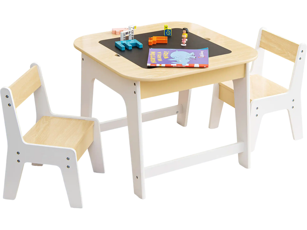 Kid's table and chairs set with double-sided tabletop, perfect for drawing, eating, and learning for ages 3-6.