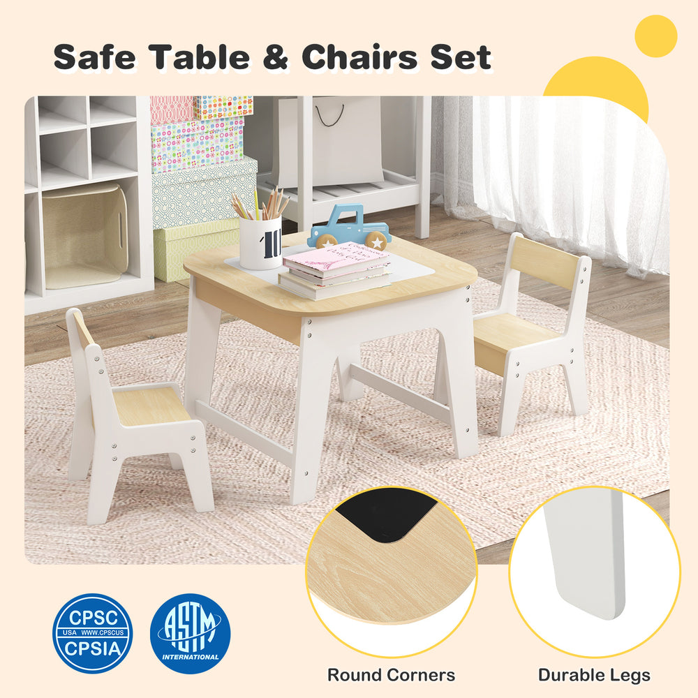 Kid's table and chairs set with double-sided tabletop, durable legs, and round corners for safe play and learning.