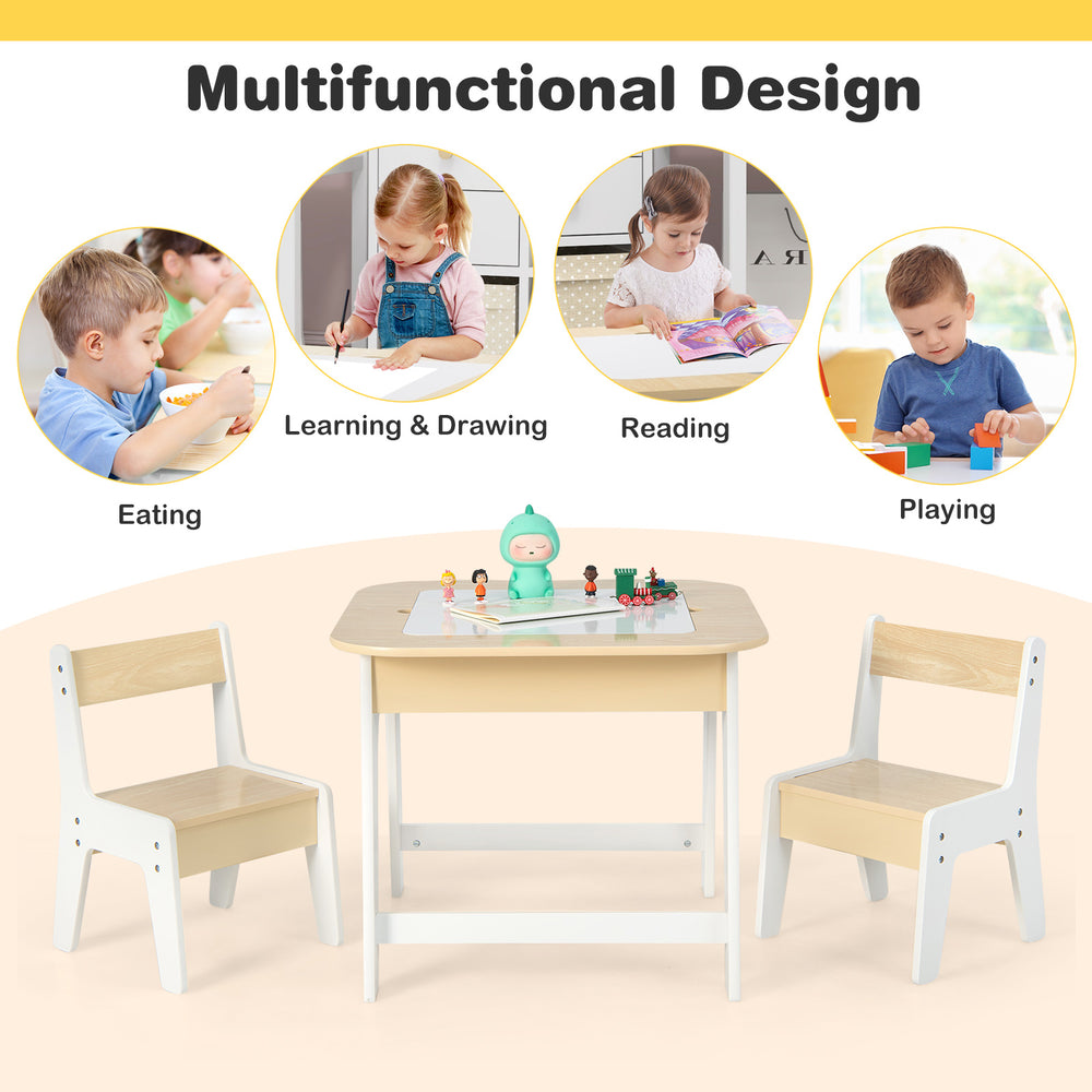 Kid's table and chairs set with double-sided tabletop, perfect for eating, learning, and playing for ages 3-6.