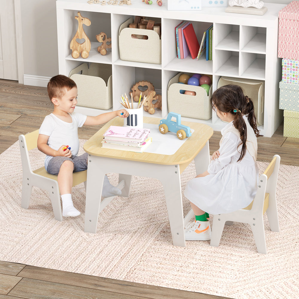 Kid's table and chairs set with double-sided tabletop, perfect for drawing and learning, suitable for ages 3-6.