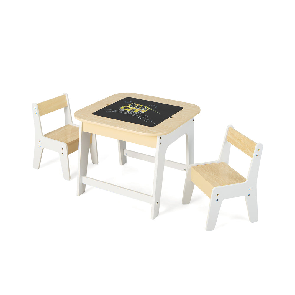 Kid's table and chairs set with double-sided tabletop, perfect for drawing and learning, designed for ages 3-6.