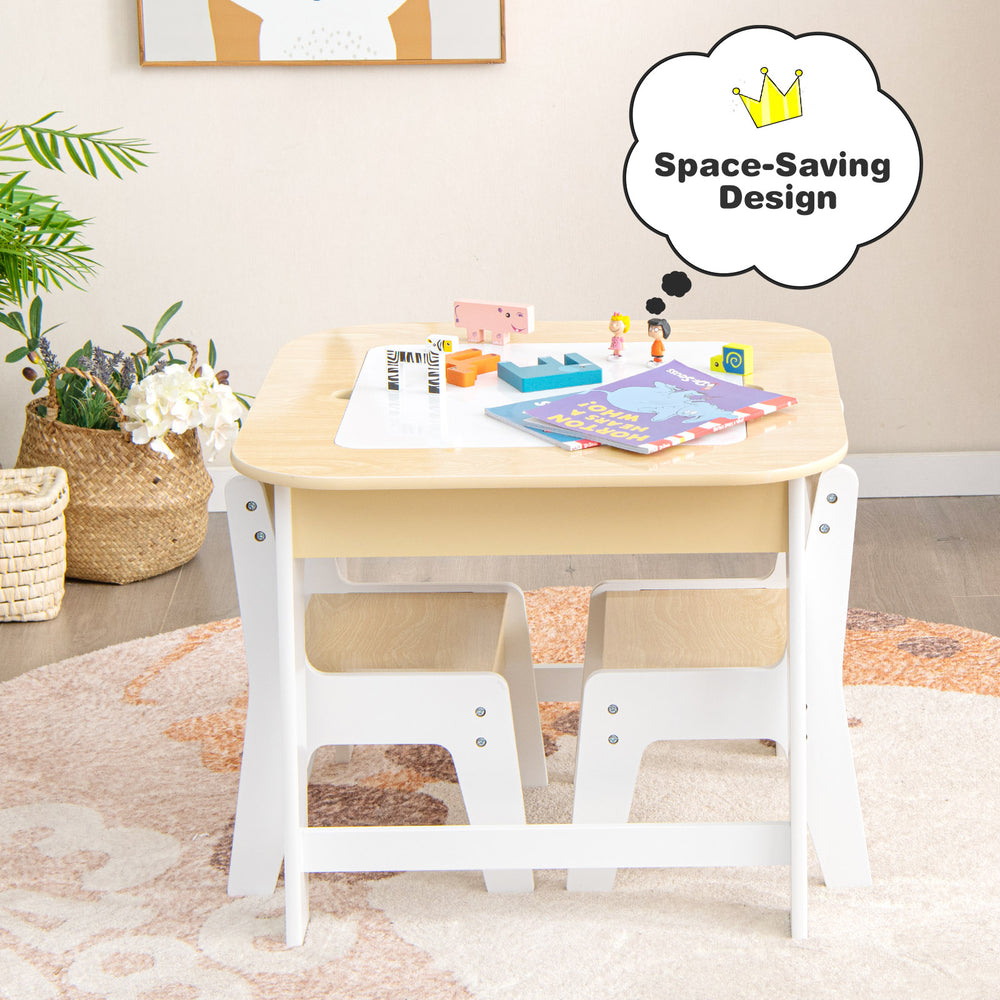 Kid's table and chairs set with double-sided tabletop, ideal for drawing and learning, featuring a space-saving design.
