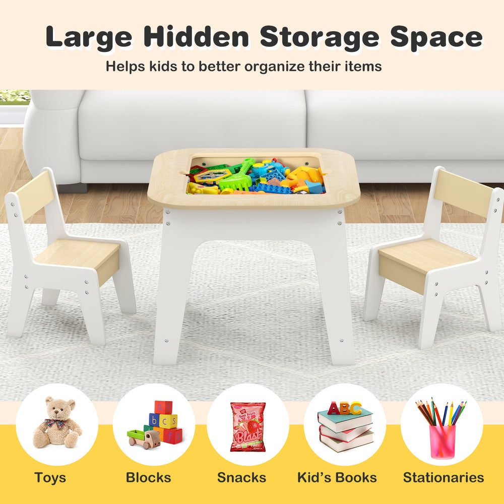 Kid's table and chairs set featuring a double-sided tabletop, ideal for drawing and playing, suitable for ages 3-6.