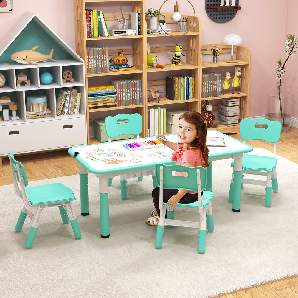 Kids table and chairs set with adjustable heights, graffiti tabletop, and stackable chairs for versatile play and.