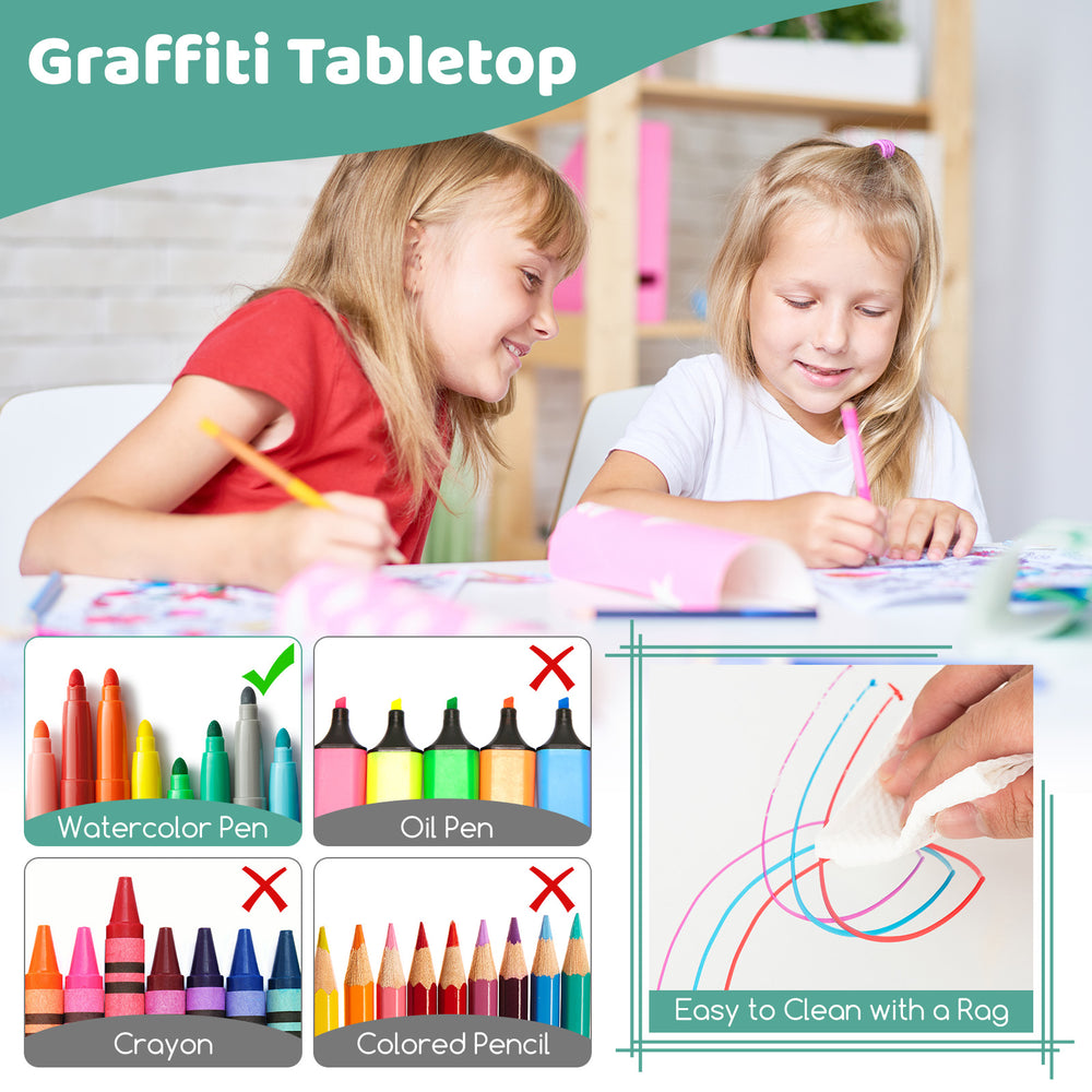 Kids table and chairs set with adjustable features and graffiti tabletop, ideal for painting and easy to clean.