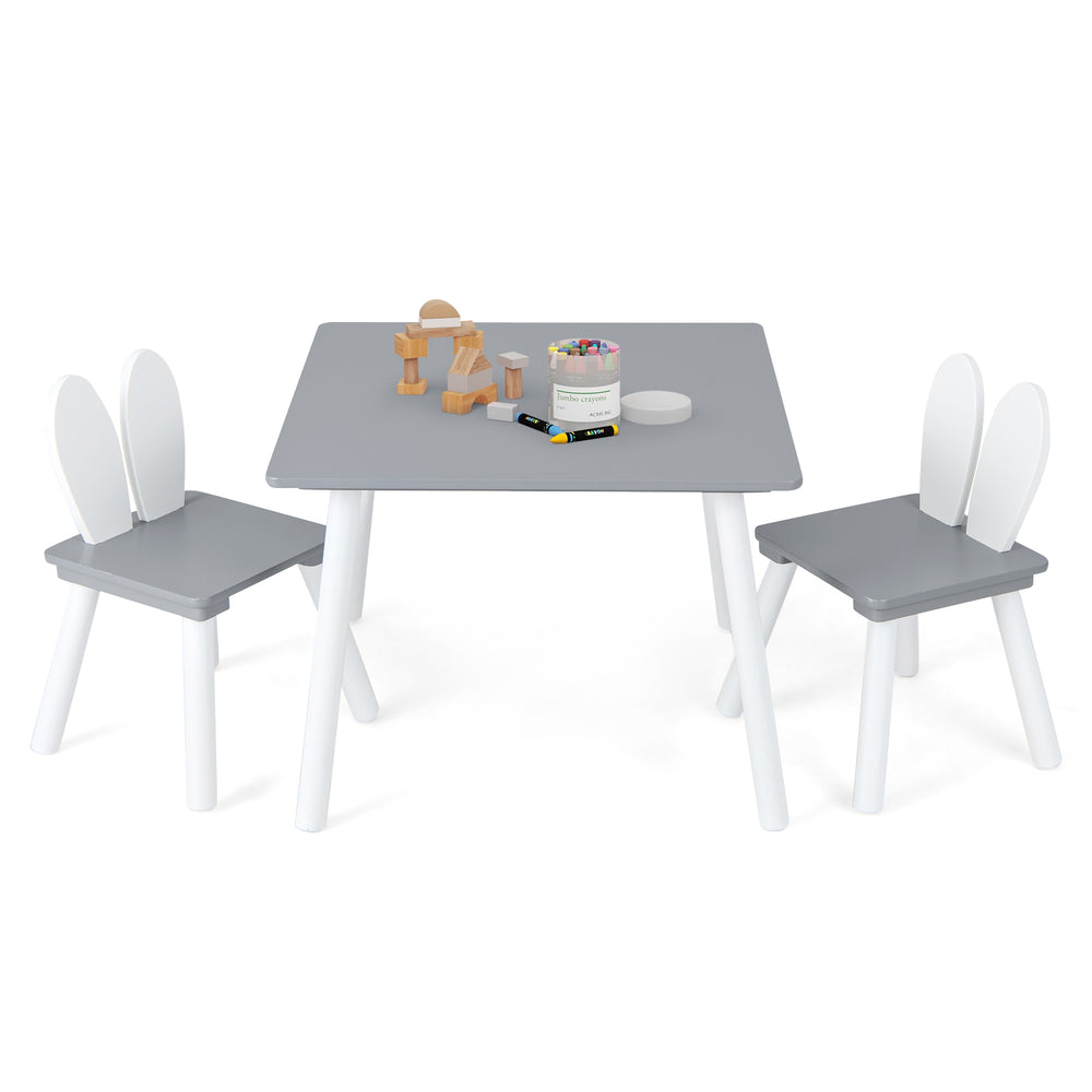 Kids table and chairs set in gray with bunny ear backrests, perfect for arts, crafts, and snack time.