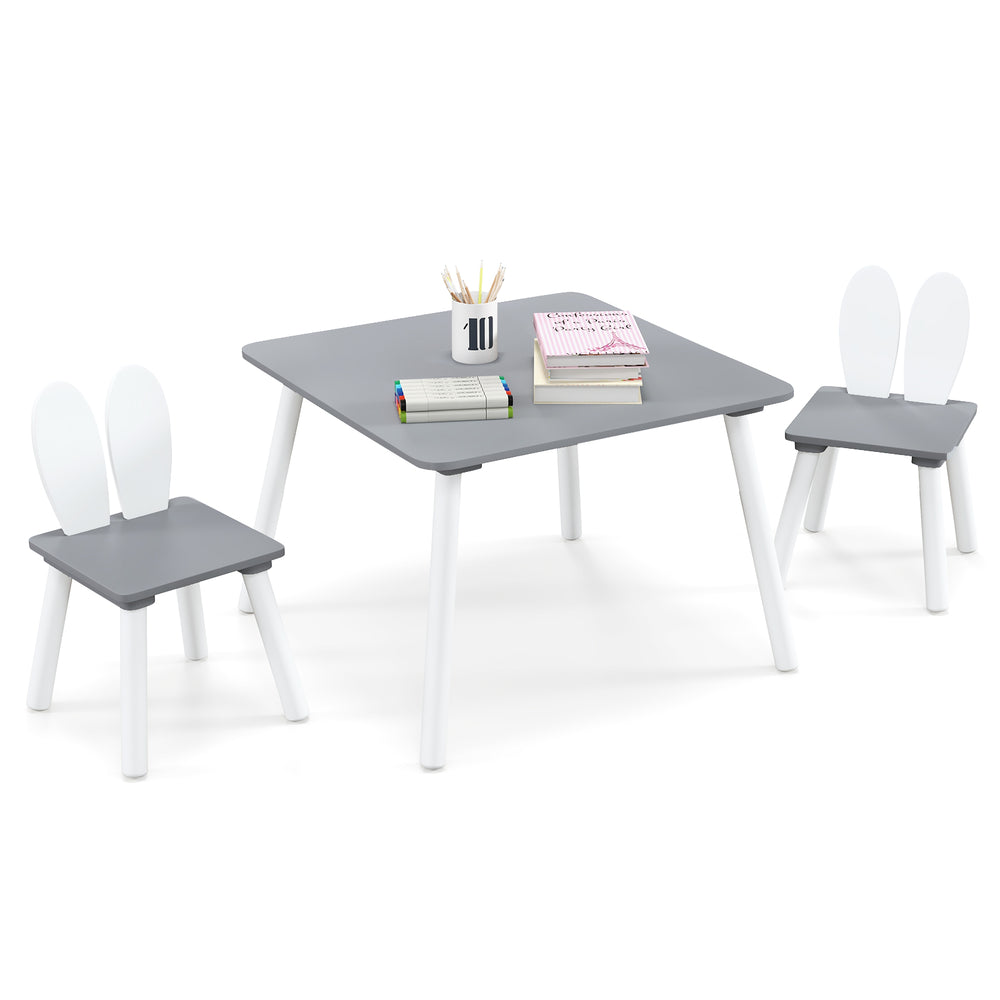 Kids table and chairs set in gray with bunny ear backrests, perfect for arts, crafts, and snack time in playrooms.