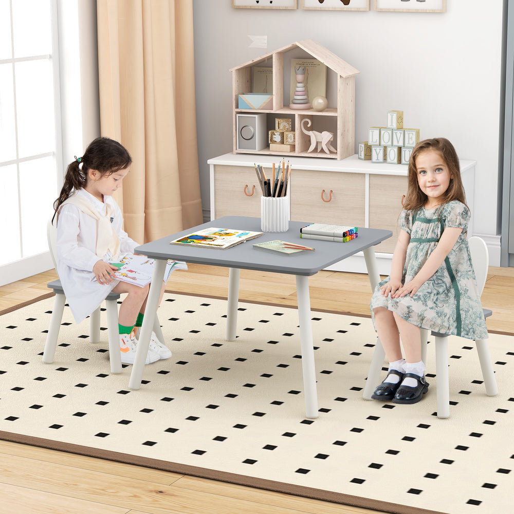 Children enjoying snack time at a gray kids table with bunny ear backrests, suitable for ages 3-6 in a cozy playroom.