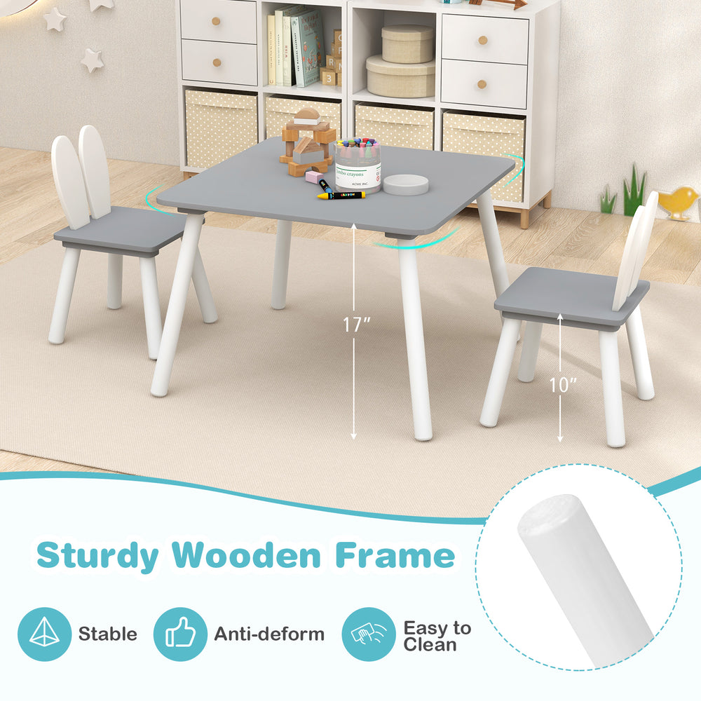 Kids table and chairs set in gray with bunny ear backrests, ideal for arts, crafts, and snack time in playrooms.