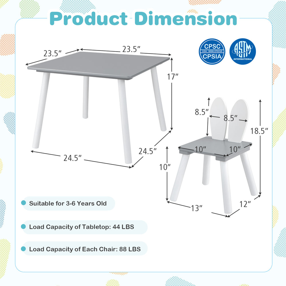 Kids table and chairs set in gray with bunny ear backrest, perfect for arts, crafts, and snack time for ages 3-6.