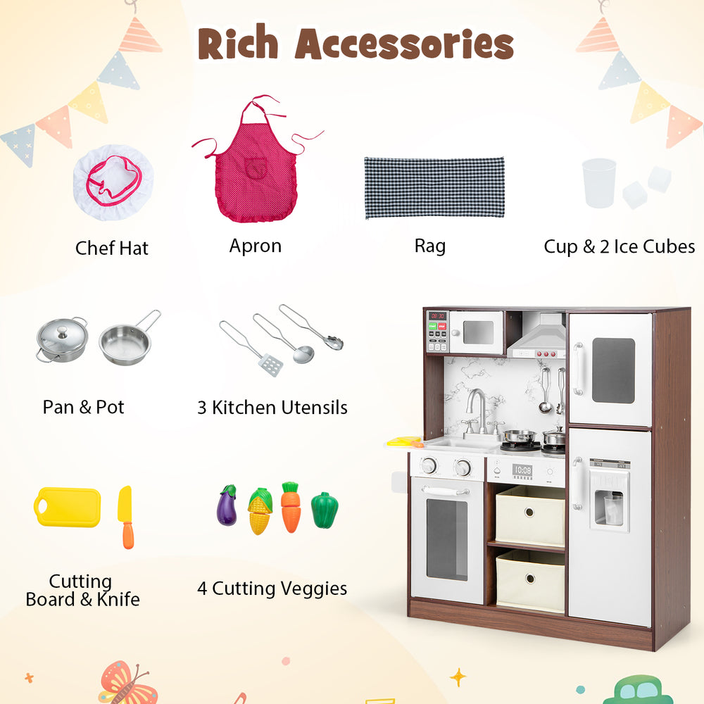 Kids modern toy kitchen playset with accessories including pan, pot, cutting board, and veggies for imaginative play.
