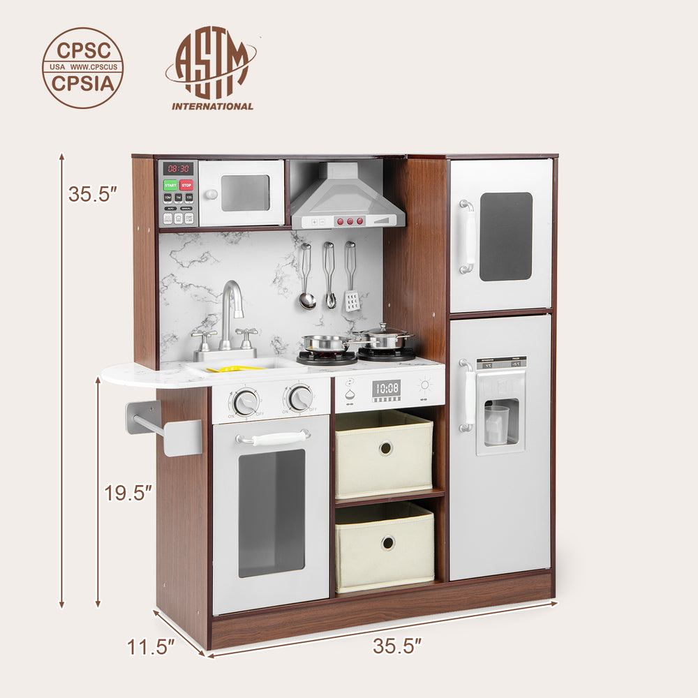 Kids modern toy kitchen playset with lights and sounds, featuring storage, ice maker, and rich accessories for.