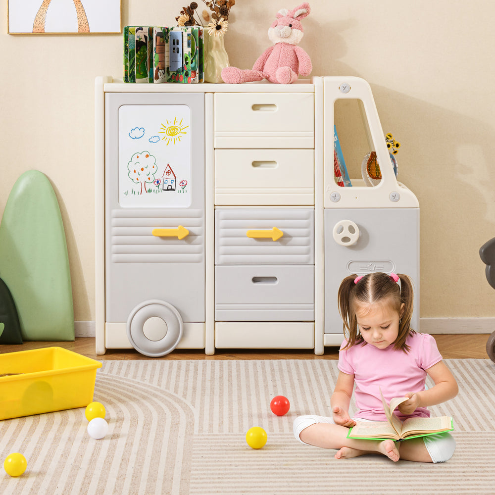 Bus-shaped kids toy storage organizer with 4 pull-out drawers and a whiteboard, perfect for playrooms and classrooms.