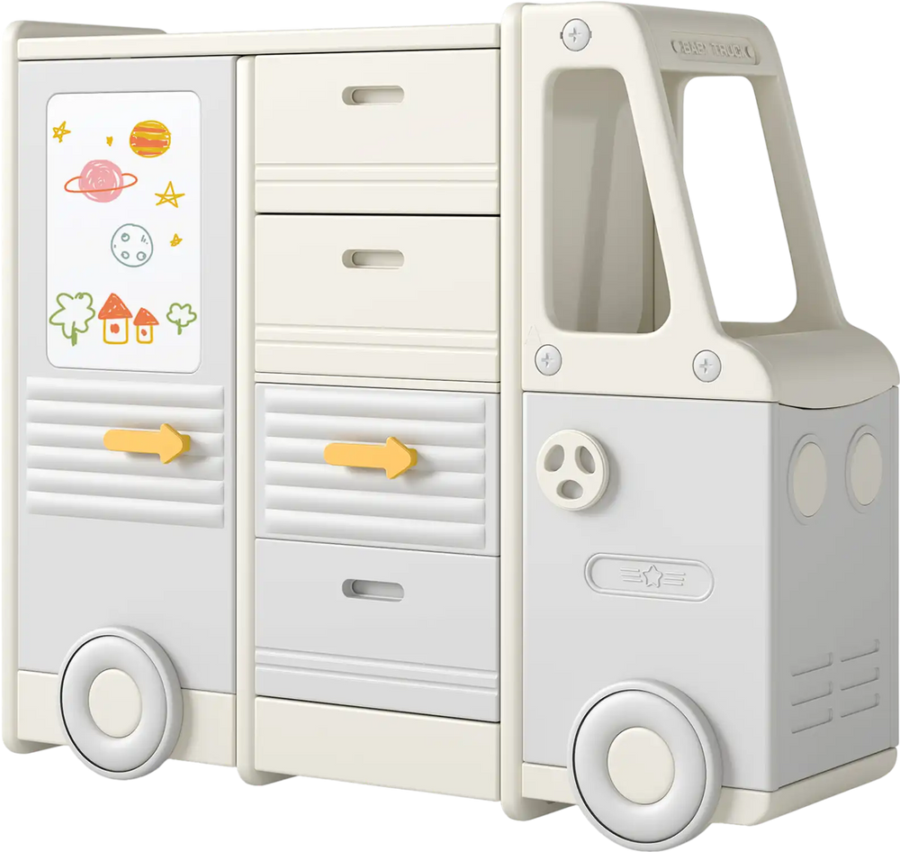 Gray bus-shaped kids toy storage organizer featuring a smooth surface and rounded corners, safe for children's use.