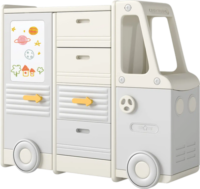 Costway Bus-Shaped Kids Toy Storage Organizer Cabinet 4 Pull-Out Drawers 38631503 New