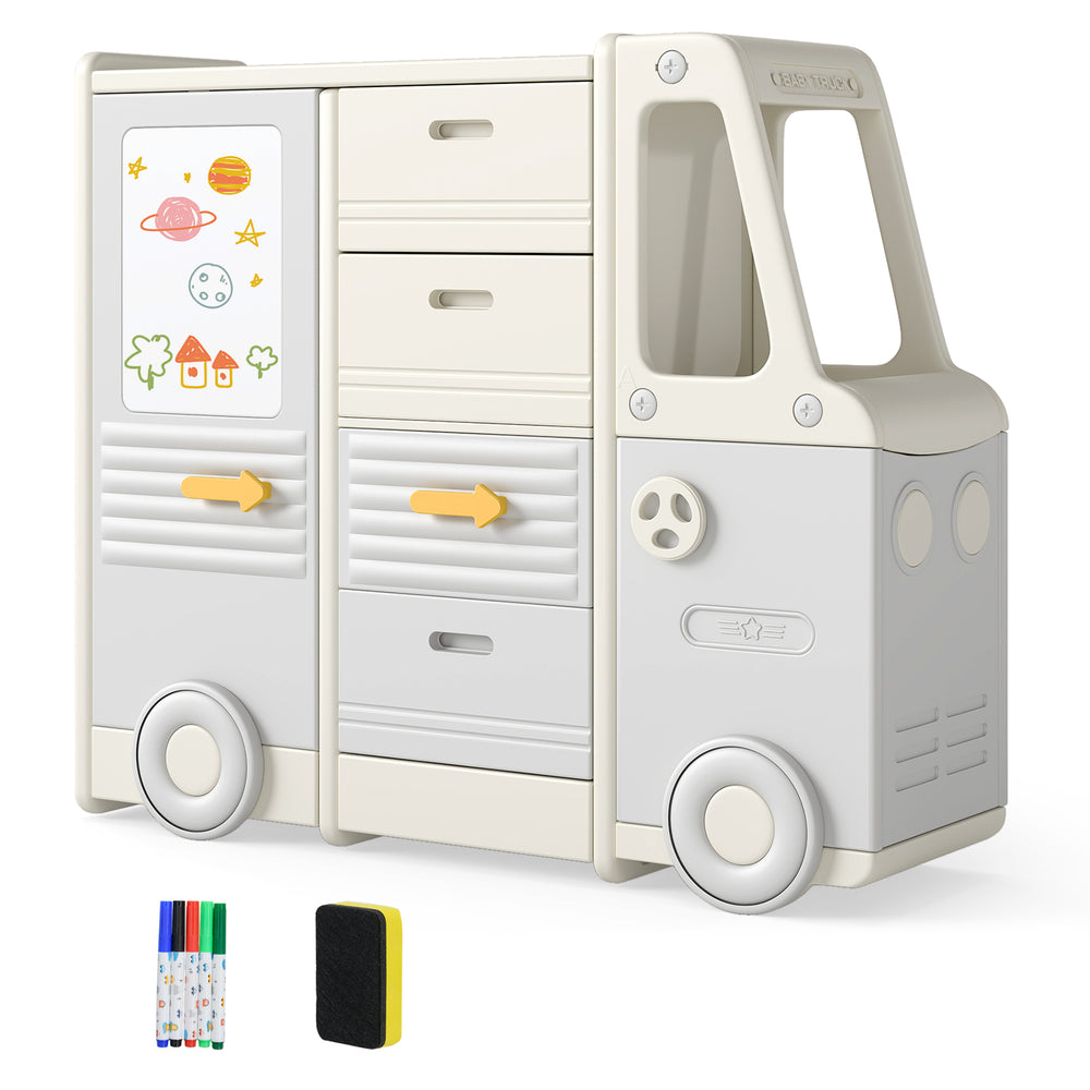 Bus-shaped kids toy storage organizer with 4 pull-out drawers, whiteboard, and colorful markers for creative play.