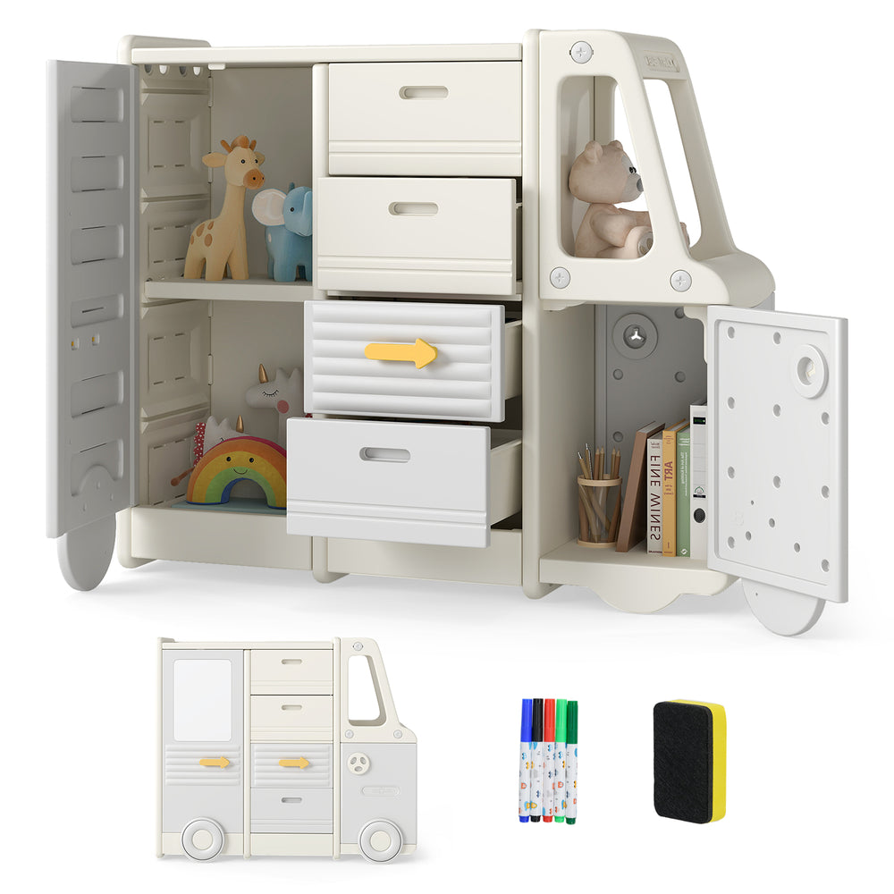 Gray bus-shaped kids toy storage organizer showcasing a wide countertop and 4 pull-out drawers, perfect for easy access.