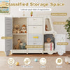 Bus-shaped kids toy storage organizer with 4 pull-out drawers, large cabinet, and countertop for toys and books.