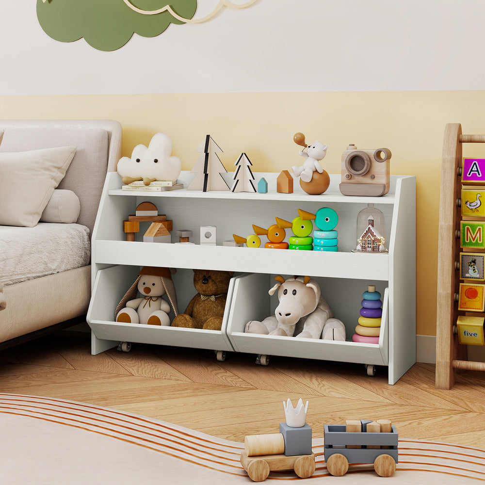 Kids toy storage organizer in white with top shelf, two movable drawers, and rolling wheels for easy access and safety.