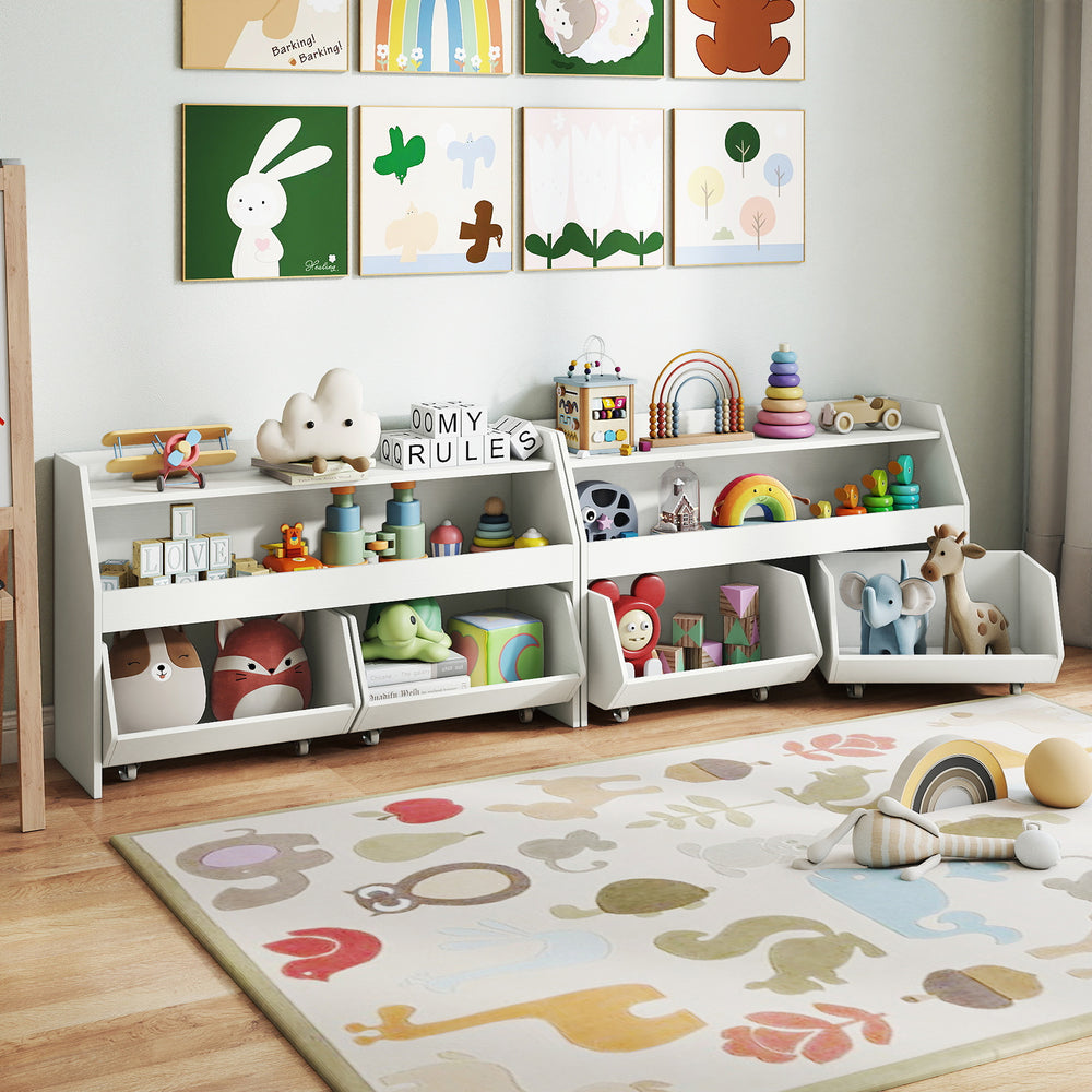 Kids toy storage organizer with open design, two movable drawers, and rounded corners for safety in a playroom setting.