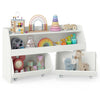 Kids toy storage organizer in white with top shelf, two movable drawers, and colorful toys for easy access and play.