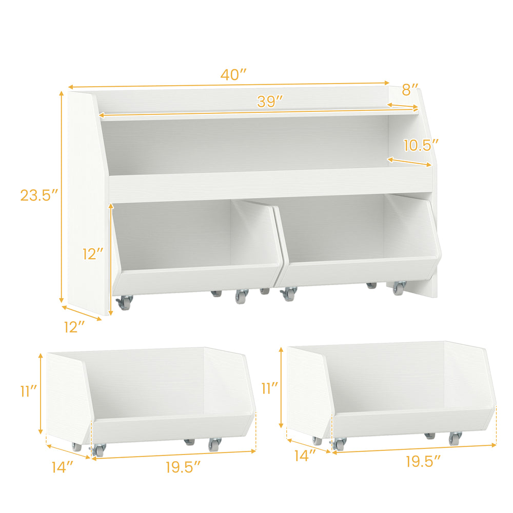 Kids toy storage organizer with two movable drawers, white wooden design, ideal for playrooms and classrooms.