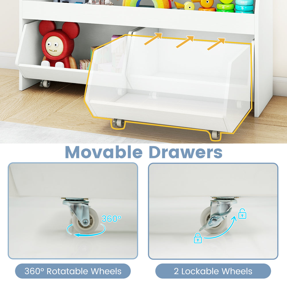 Movable drawers of the white kids' toy storage organizer with 360° wheels and lockable features for easy access.