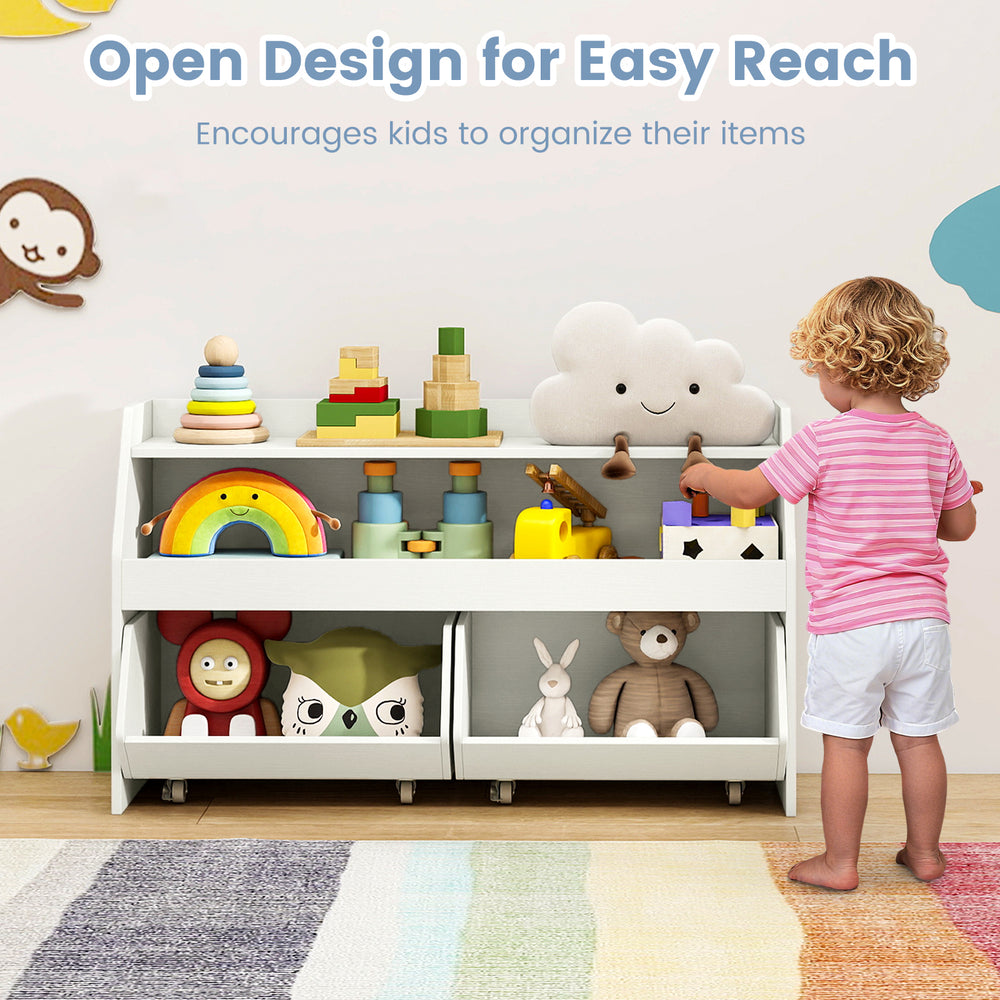 Kids toy storage organizer with open design, featuring 2 movable drawers and a top shelf for easy access and.