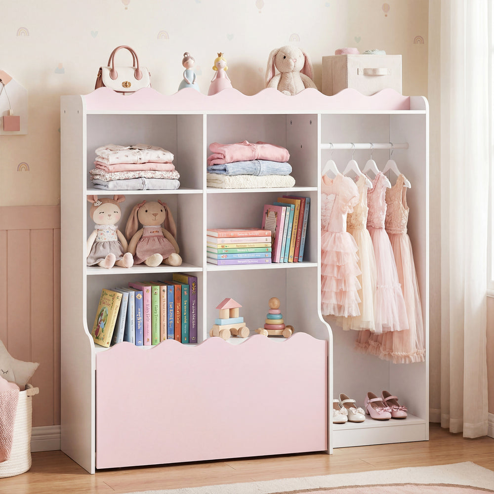 Kids toy storage organizer in pink with 6 cubes, clothing rack, and movable drawer for easy access and organization.