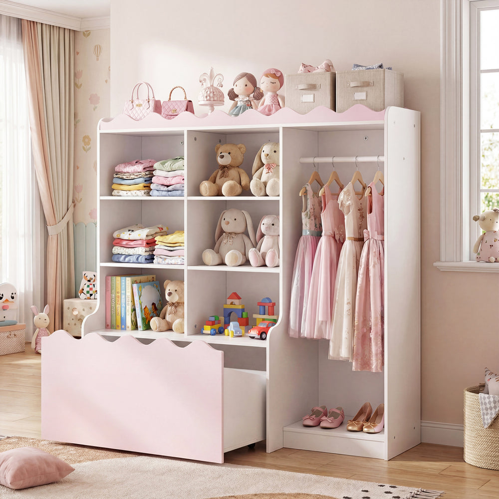 Kids toy storage organizer in pink featuring a top shelf and dressed-up clothes for a fun and organized playroom.