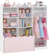 Kids toy storage organizer in pink with clothing rack, 6 cubes, and movable drawer for easy access and organization.