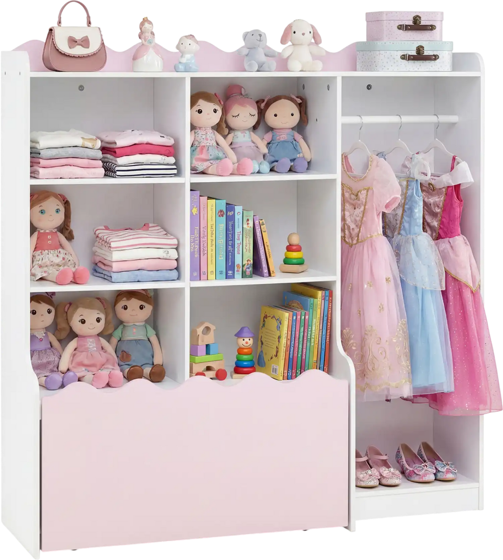 Kids toy storage organizer in pink with clothing rack, 6 cubes, and movable drawer for easy access and organization.