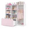 Pink kids toy storage organizer featuring a clothing rack and a movable drawer, ideal for keeping toys and clothes tidy.