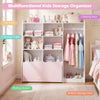 Kids toy storage organizer in pink with clothing rack, 6 cubes, and rolling drawer for easy access and organization.
