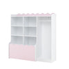 Side view of the pink kids toy storage organizer showcasing the clothing rack and top shelf for versatile storage.