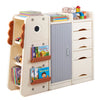 Kids toy storage organizer in beige with 5 removable bins, multiple shelves, and a cute dinosaur design for playrooms.
