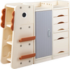 Kids toy storage organizer in beige featuring a closed cabinet and multiple shelves with raised baffles for safe.