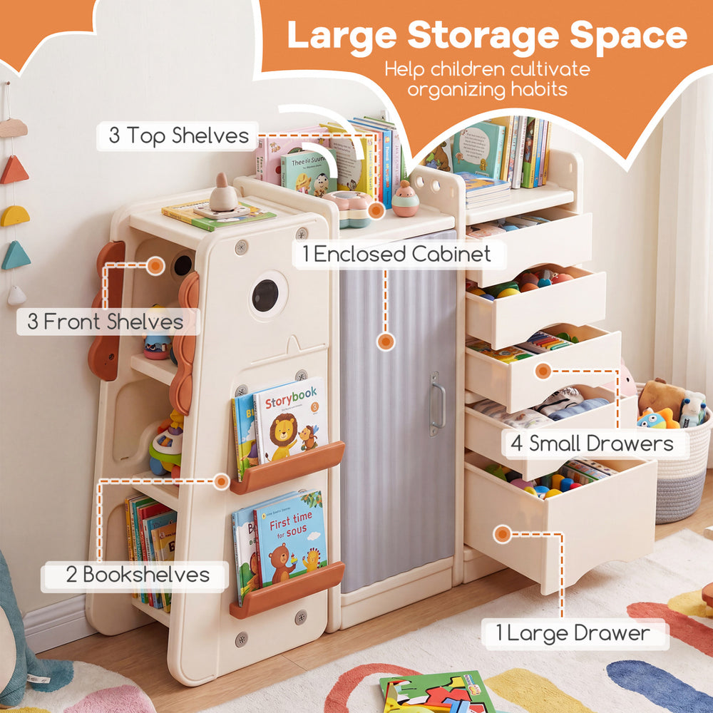 Kids toy storage organizer in beige with multiple shelves, 5 removable bins, and a cute dinosaur design for playroom.