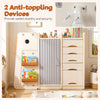 Kids toy storage organizer in beige with 5 removable bins, enclosed cabinet, and anti-tipping devices for safety.