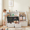 Kids toy storage organizer in white features a flip-up blackboard, open storage, and hanging rods for clothes.