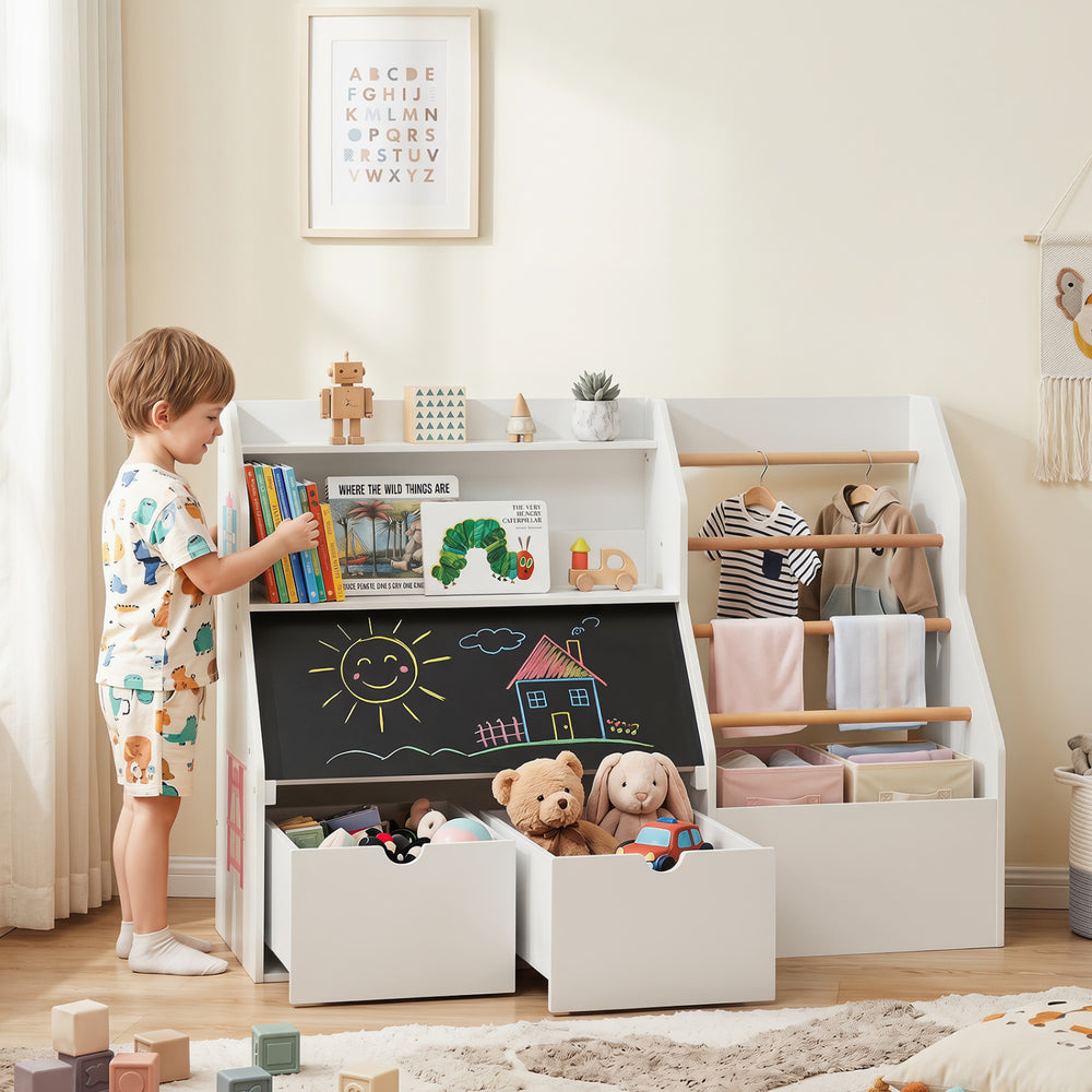 Kids toy storage organizer in white features a flip-up blackboard, open storage, and hanging rods for clothes.