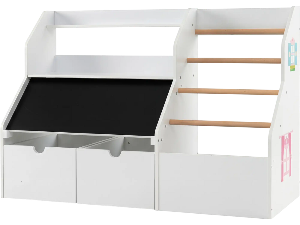 Kids toy storage organizer in white with a flip-up blackboard, featuring open storage and five pine wood hanging rods.