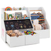 Kids toy storage organizer in white with flip-up blackboard, featuring open storage, hanging rods, and wheels for easy movement.