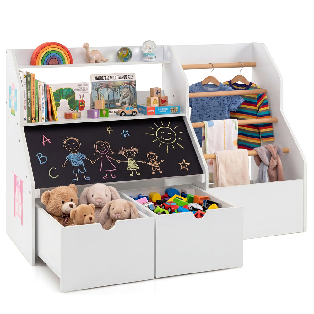 Kids toy storage organizer in white with flip-up blackboard, featuring open storage, hanging rods, and wheels for easy movement.