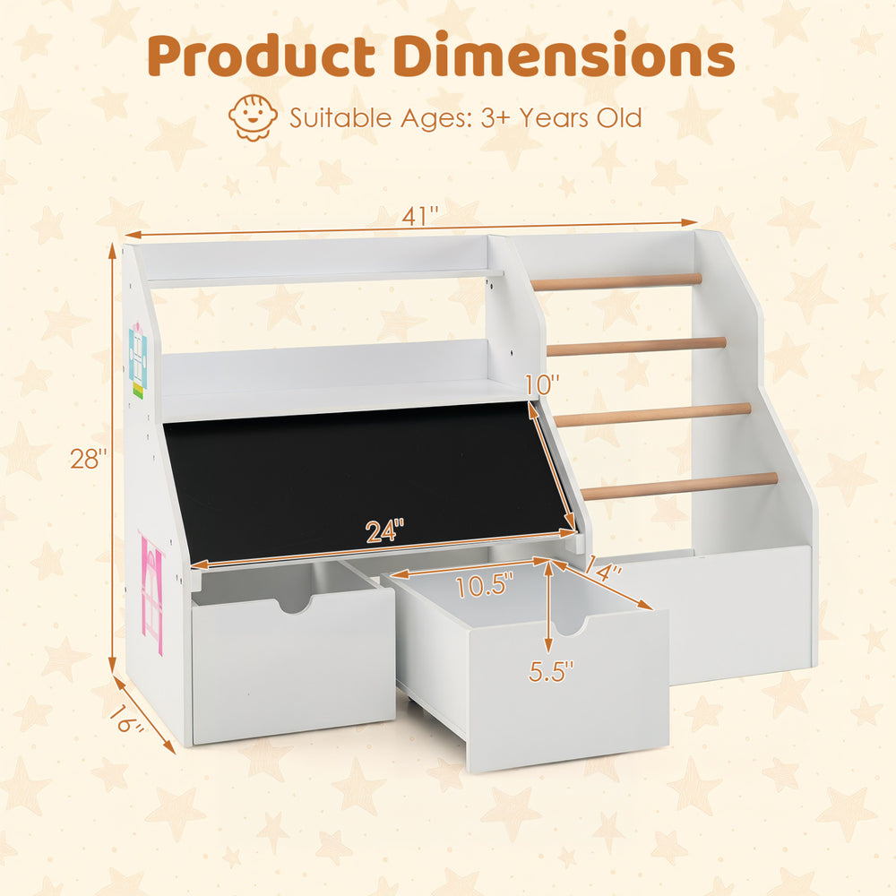 Kids toy storage organizer with flip-up blackboard, featuring open storage, wheels, and colorful patterns for imaginative play.