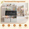Kids toy storage organizer with flip-up blackboard, featuring open shelves, rolling drawers, and pine wood hanging rods.