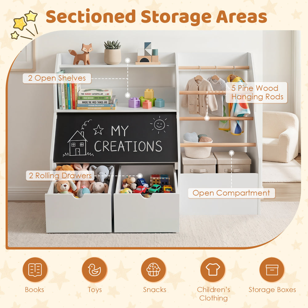 Kids toy storage organizer with flip-up blackboard, featuring open shelves, rolling drawers, and pine wood hanging rods.