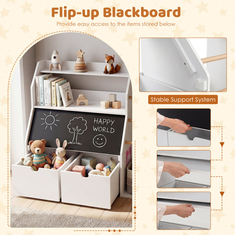 Kids toy storage organizer in white features a flip-up blackboard, rounded edges, and easy-clean surfaces for safety.