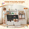 Kids toy storage organizer with flip-up blackboard, featuring open storage and rounded edges for safety and easy access.