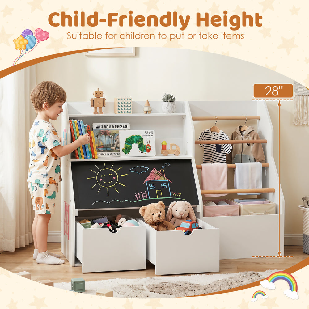 Kids toy storage organizer with flip-up blackboard, featuring open storage and rounded edges for safety and easy access.